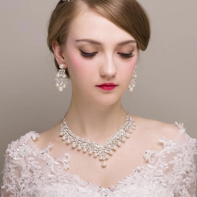 Imitation Pearl Necklace Earrings Two-piece Set 