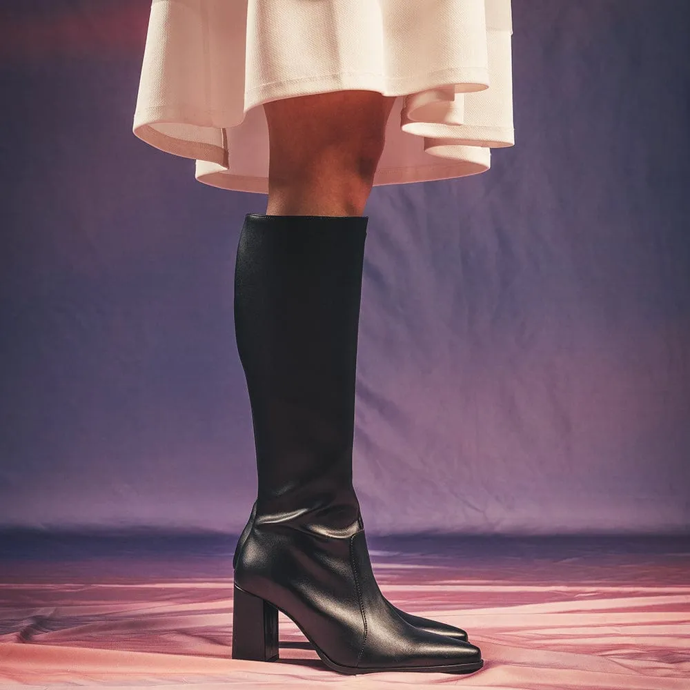 Iona Damen Apfel-Leder High Heel Knie-Stiefel Vegan | Schwarz