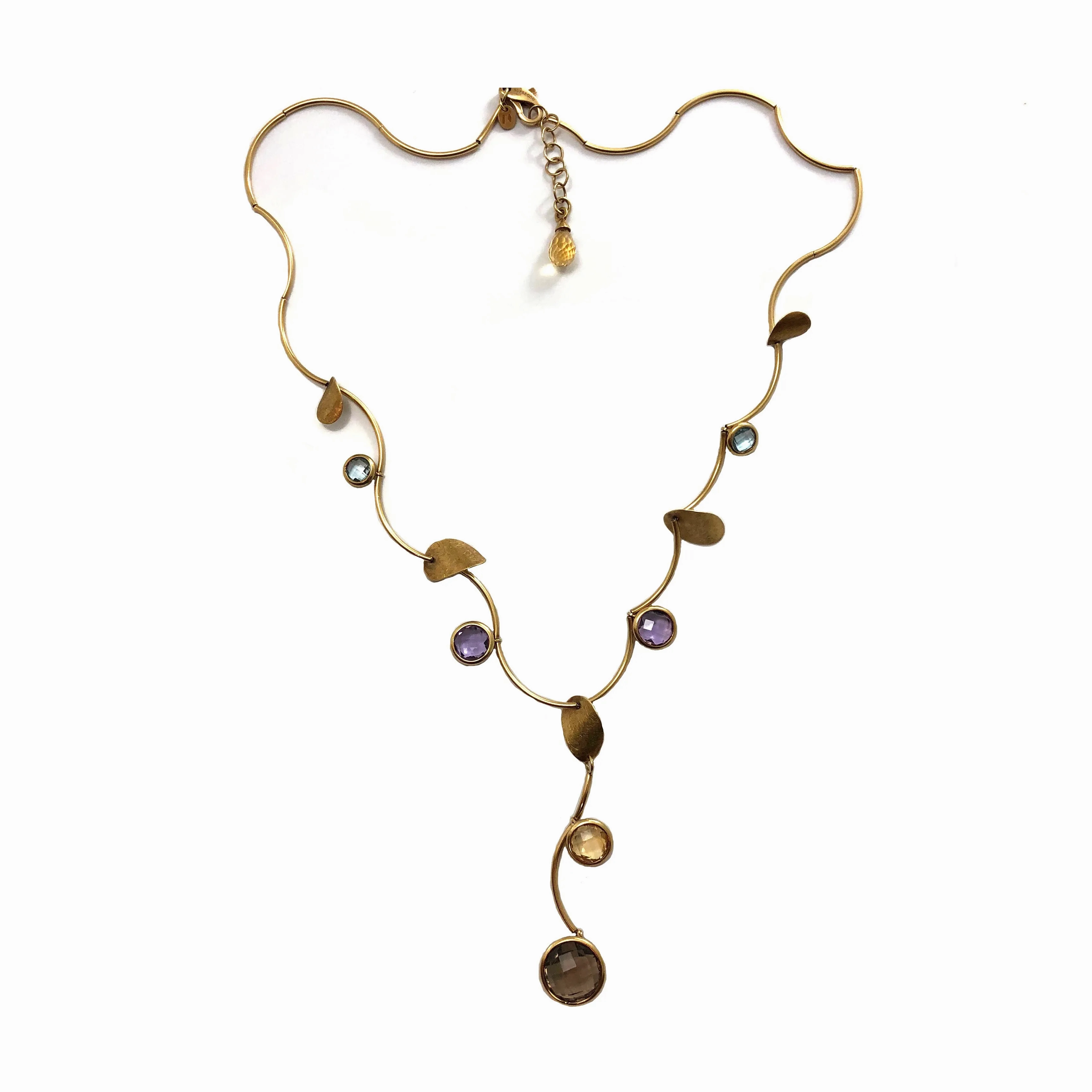 Italian Smoky Quartz, Citrine, Amethyst &amp; Aquamarine 18K Yellow Gold Necklace