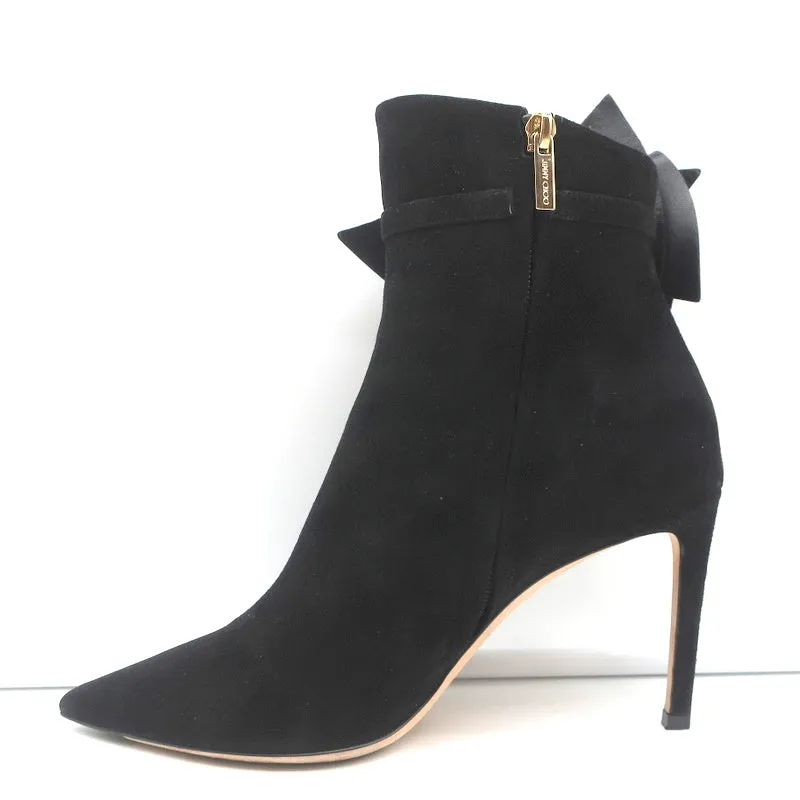 Jimmy Choo Kassidy Schleifen-Stiefeletten Schwarz Wildleder Größe 39 Spitze Absatz High Heel