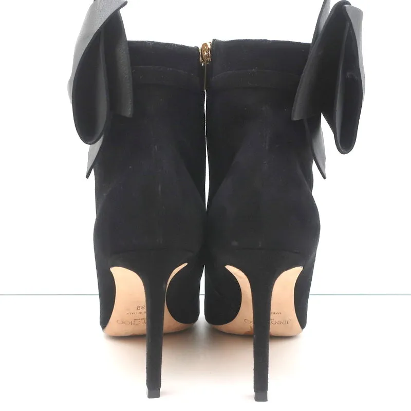 Jimmy Choo Kassidy Schleifen-Stiefeletten Schwarz Wildleder Größe 39 Spitze Absatz High Heel