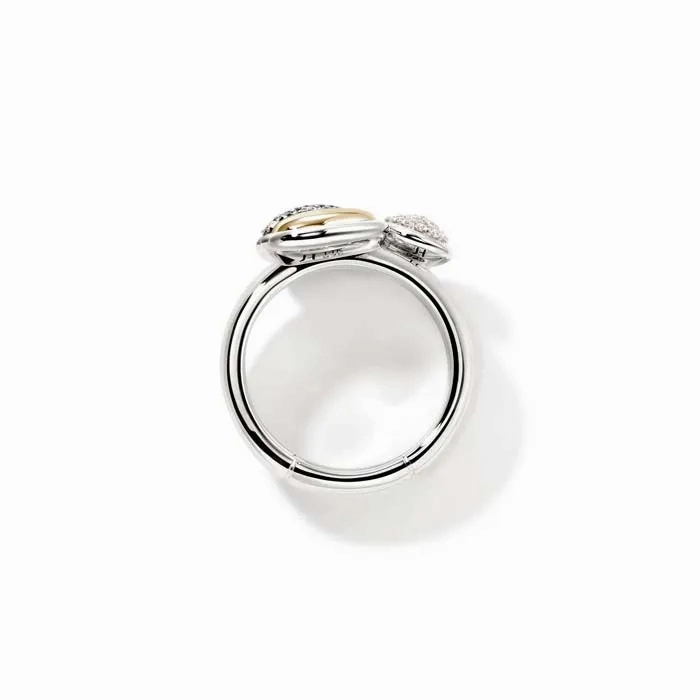 John Hardy Pebble Black Sand Diamond Pav Stacking Rings (Set of 3) in Sterling Silver and 14K Yellow Gold