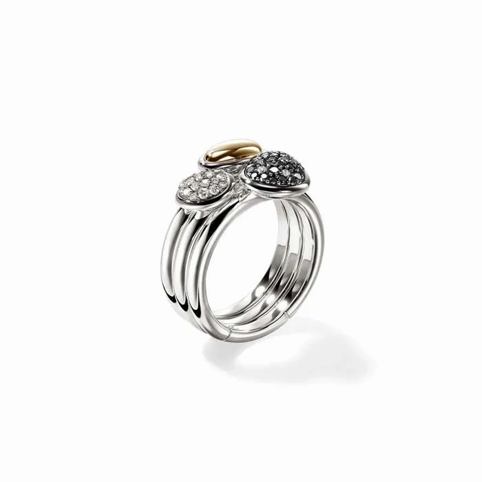John Hardy Pebble Black Sand Diamond Pav Stacking Rings (Set of 3) in Sterling Silver and 14K Yellow Gold