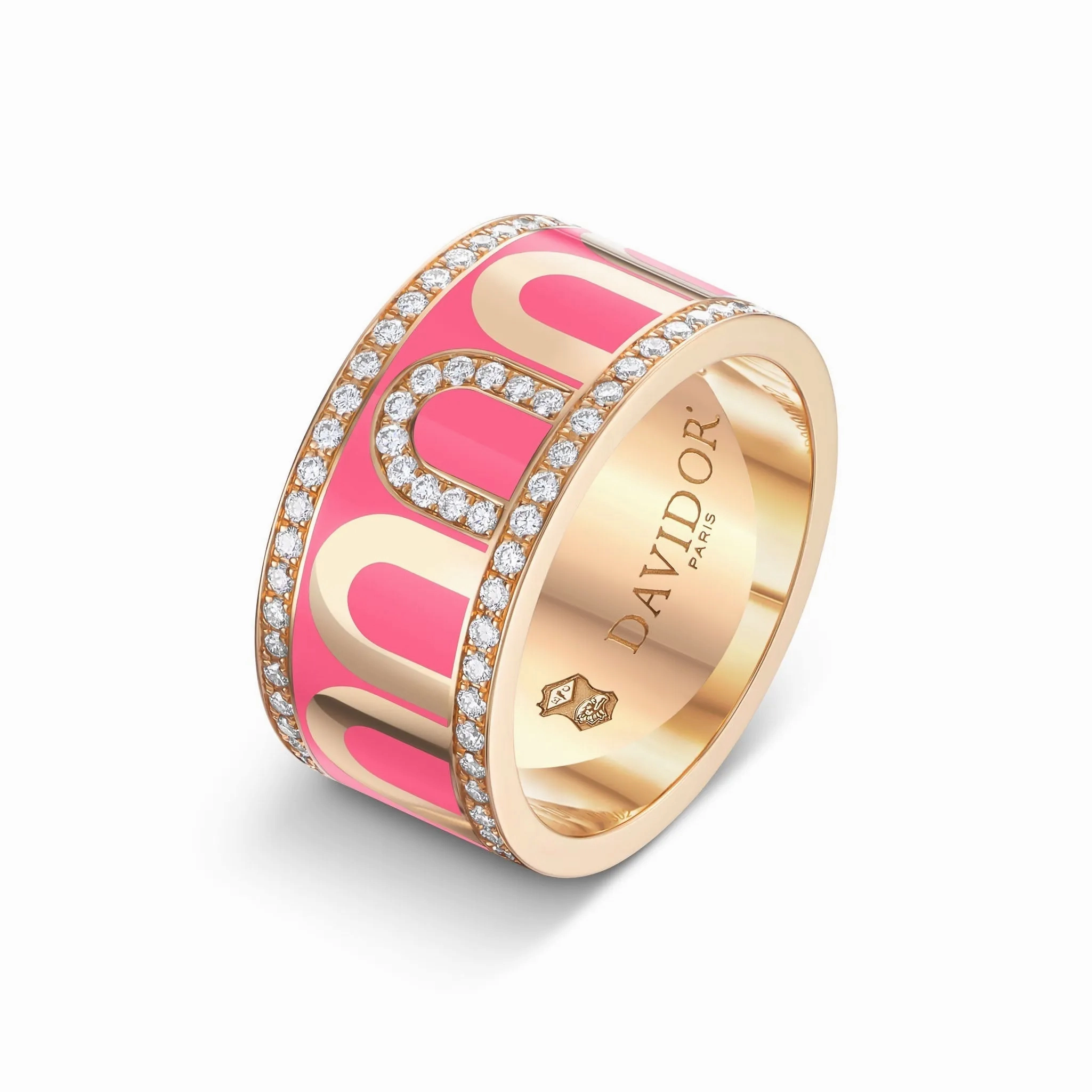 L'Arc de DAVIDOR Ring GM, 18k Rose Gold with Flamant Lacquered Ceramic and Porta Diamonds