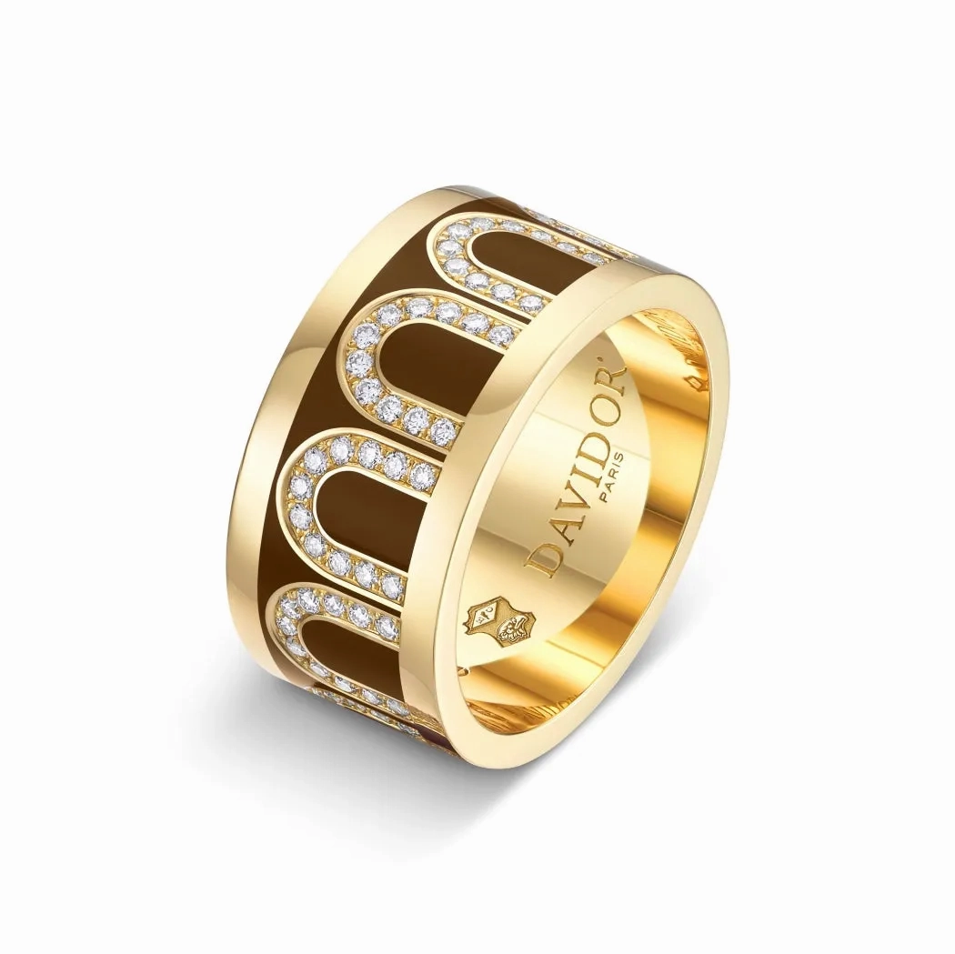 L'Arc de DAVIDOR Ring GM, 18k Yellow Gold with Cognac Lacquered Ceramic and Arcade Diamonds