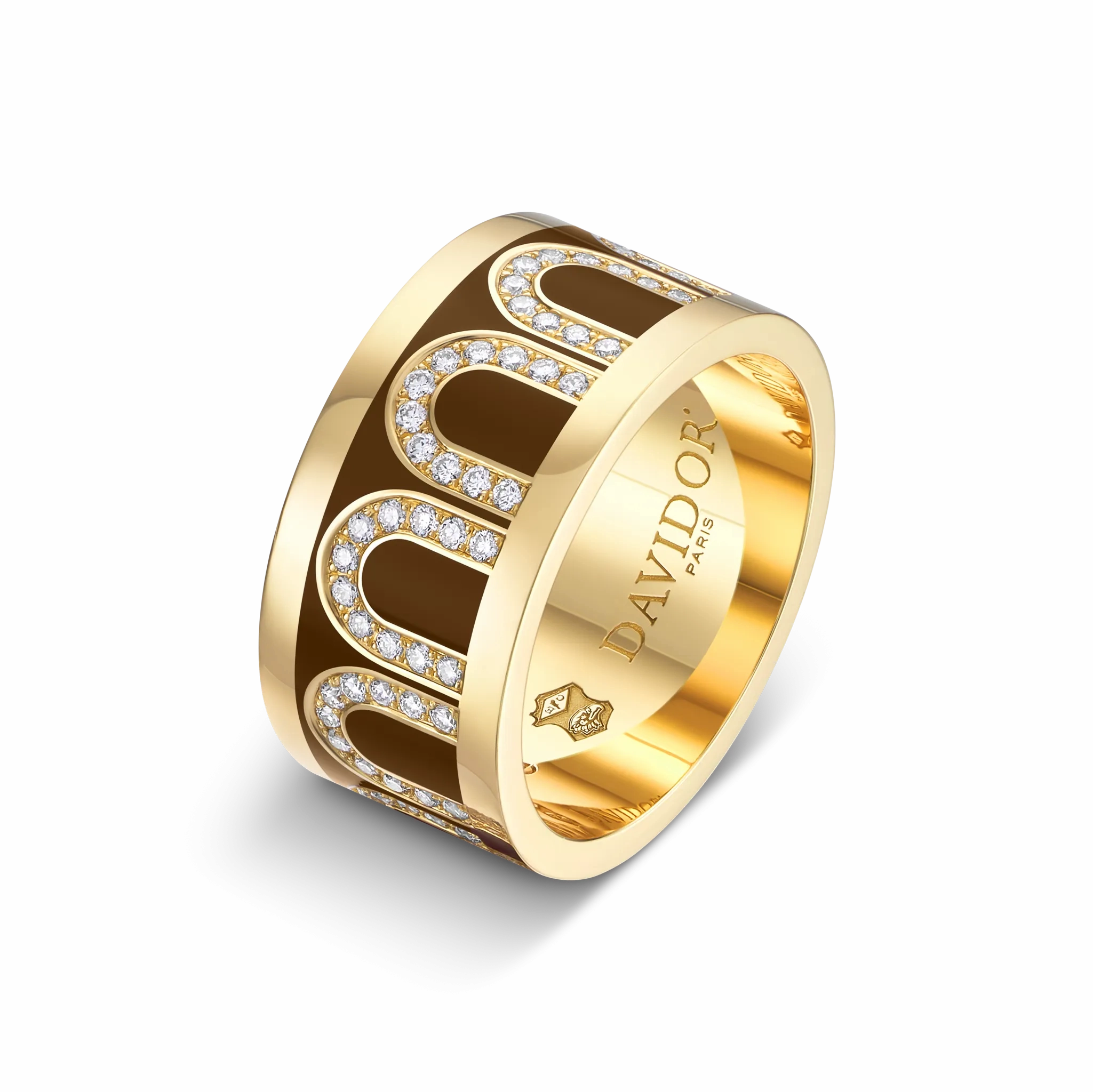 L'Arc de DAVIDOR Ring GM, 18k Yellow Gold with Cognac Lacquered Ceramic and Arcade Diamonds