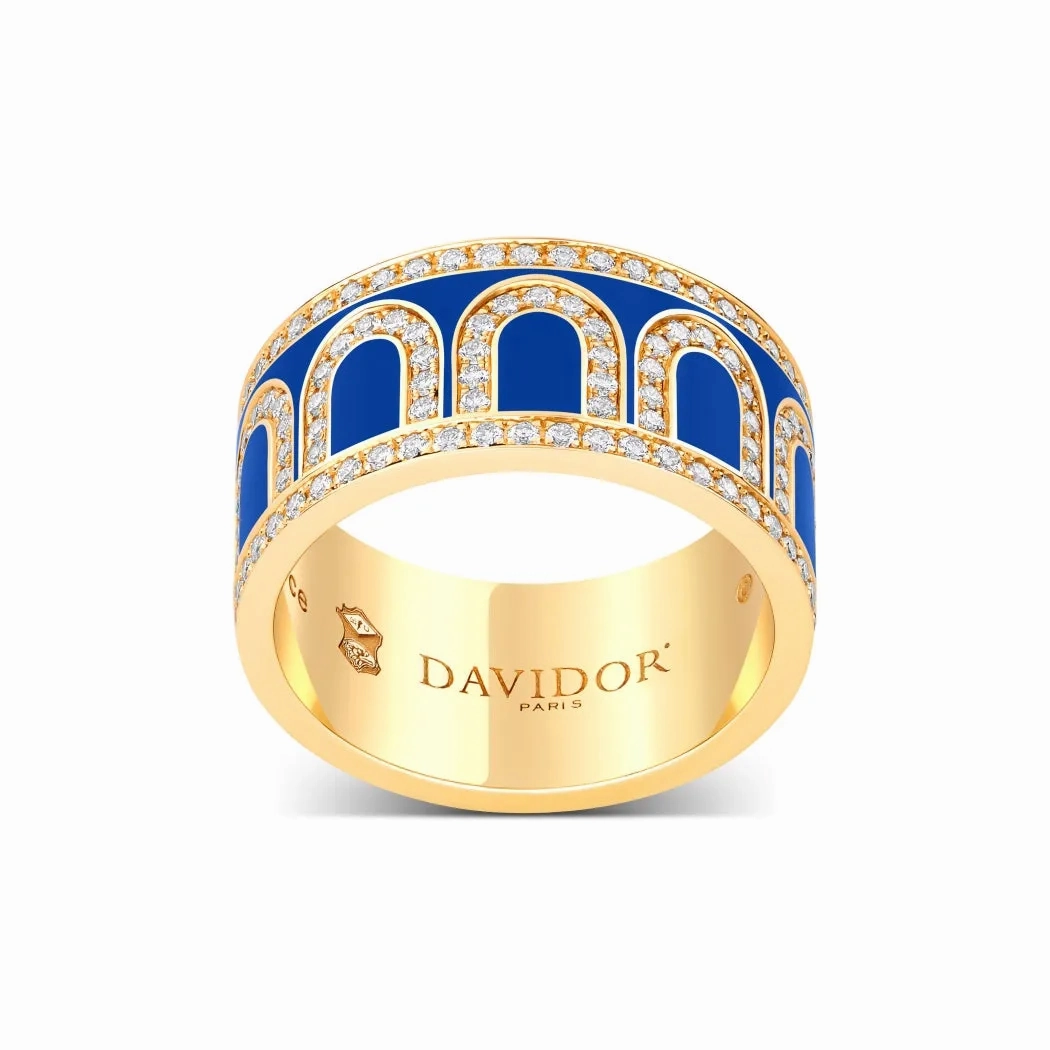 L'Arc de DAVIDOR Ring GM, 18k Yellow Gold with Riviera Lacquered Ceramic and Palais Diamonds