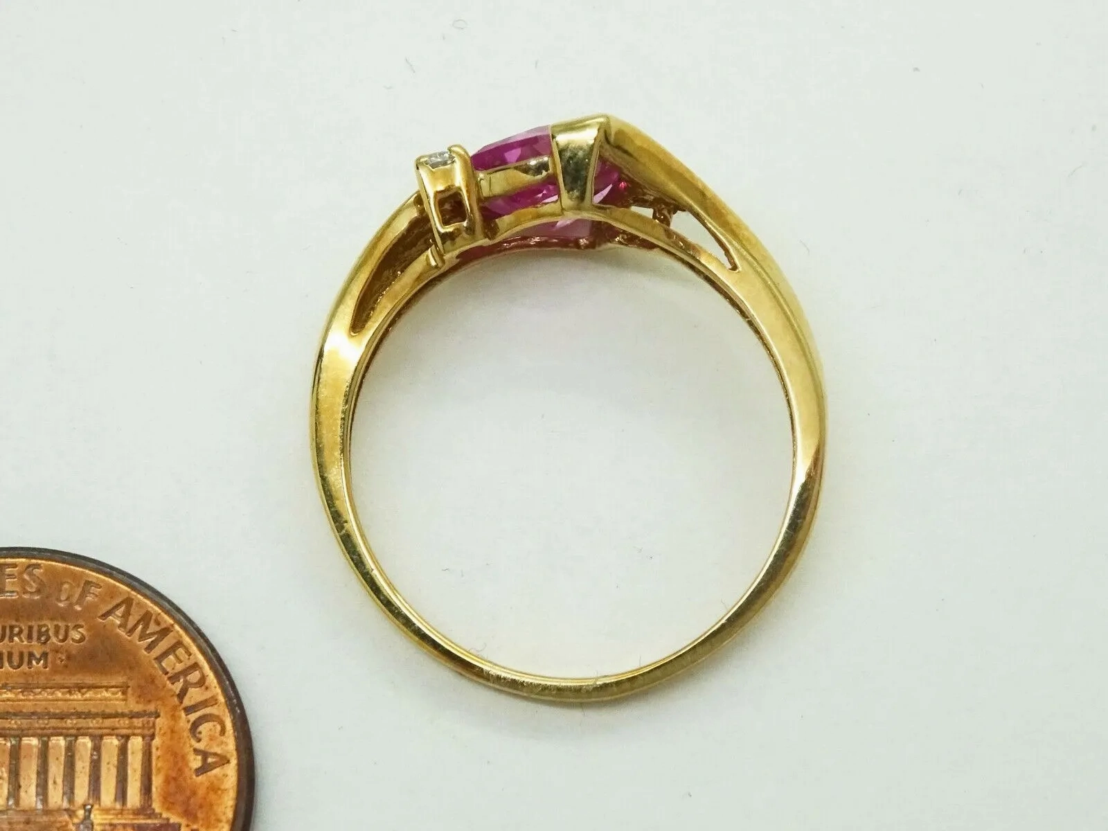 Lab-Created Trillion-Cut Pink Sapphire &amp; CZ Ring 10k Gold Size 7