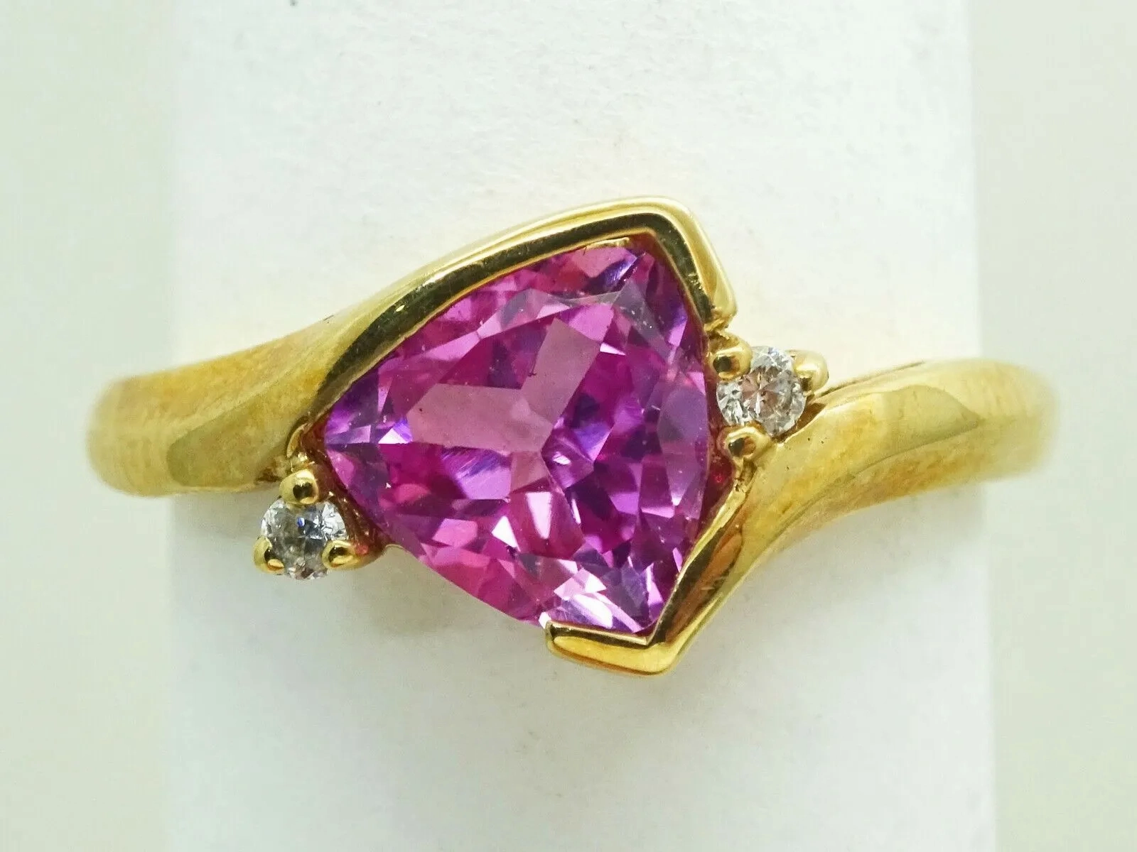Lab-Created Trillion-Cut Pink Sapphire &amp; CZ Ring 10k Gold Size 7