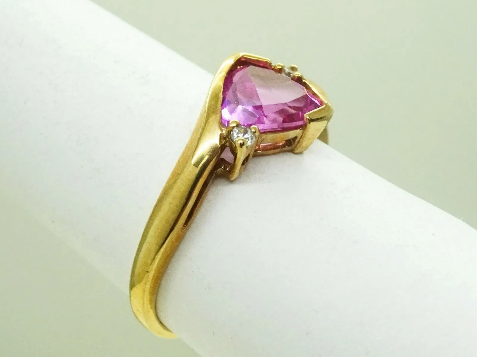 Lab-Created Trillion-Cut Pink Sapphire &amp; CZ Ring 10k Gold Size 7