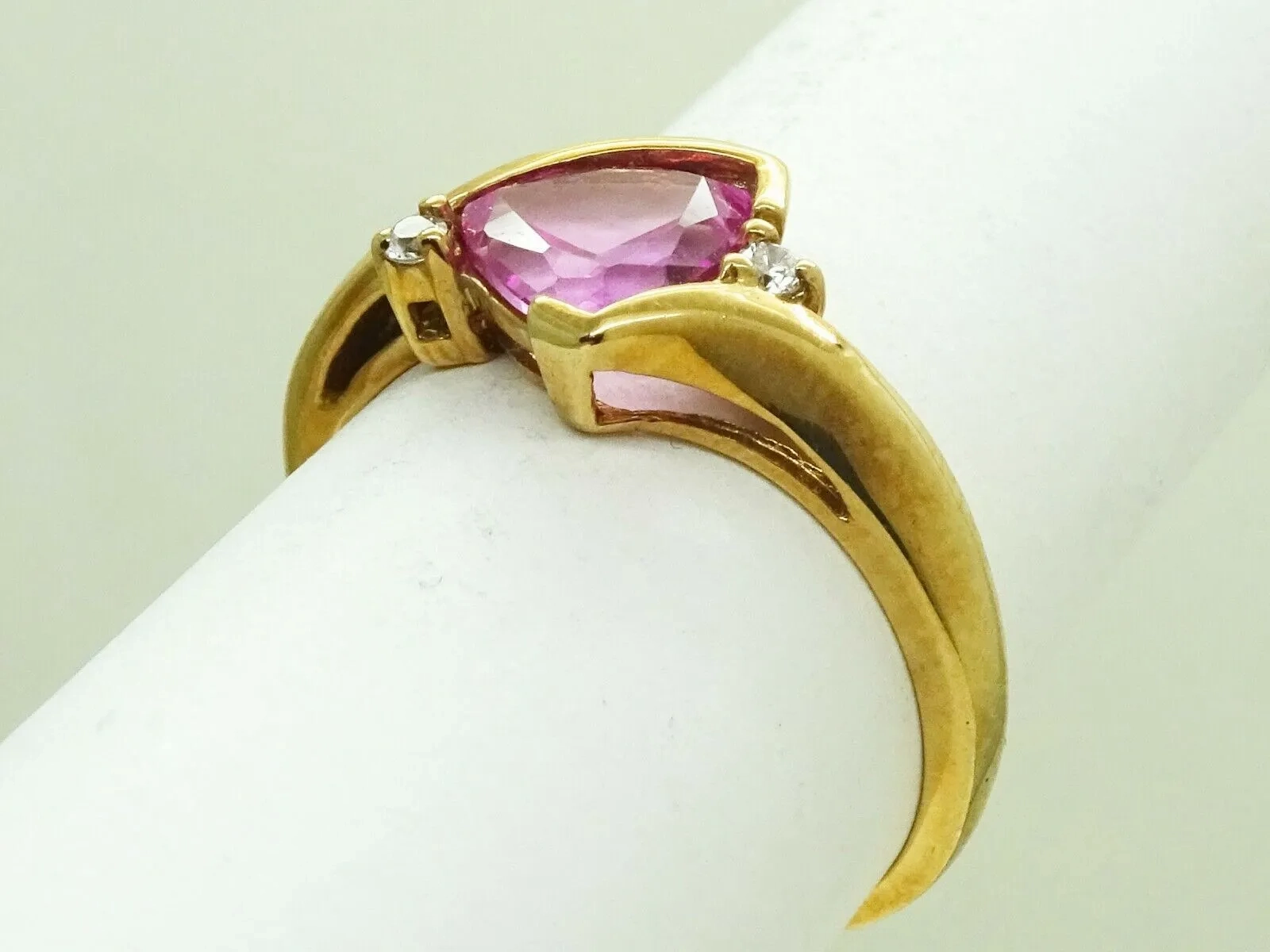 Lab-Created Trillion-Cut Pink Sapphire &amp; CZ Ring 10k Gold Size 7