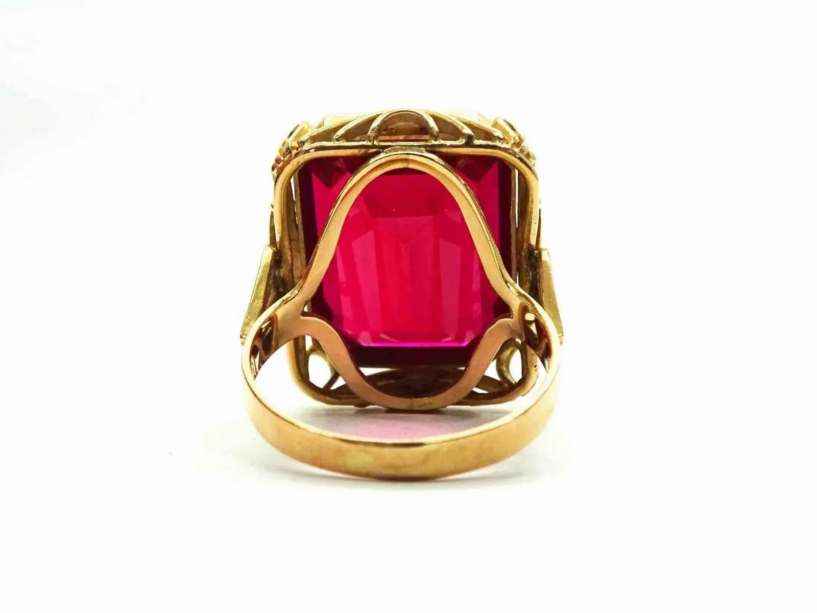 Large Lab Created Synthetic Red Stone Rose Gold Filigree Ring 14k Size 8