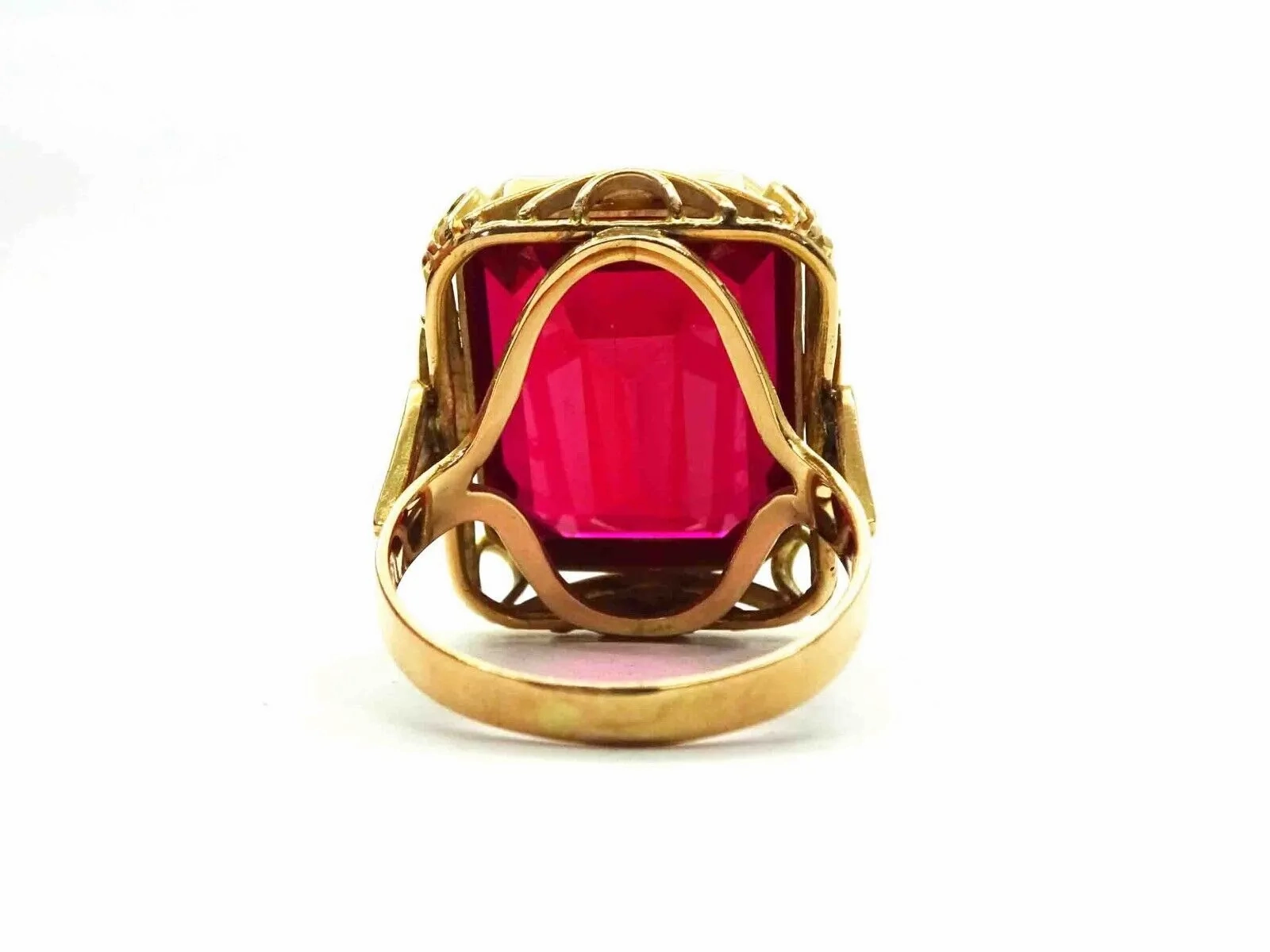 Large Lab Created Synthetic Red Stone Rose Gold Filigree Ring 14k Size 8