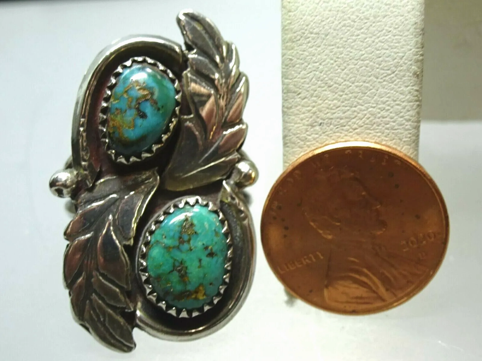 Large Old Pawn Native American Navajo Sterling &amp; Turquoise Ring, Sawtooth Bezel