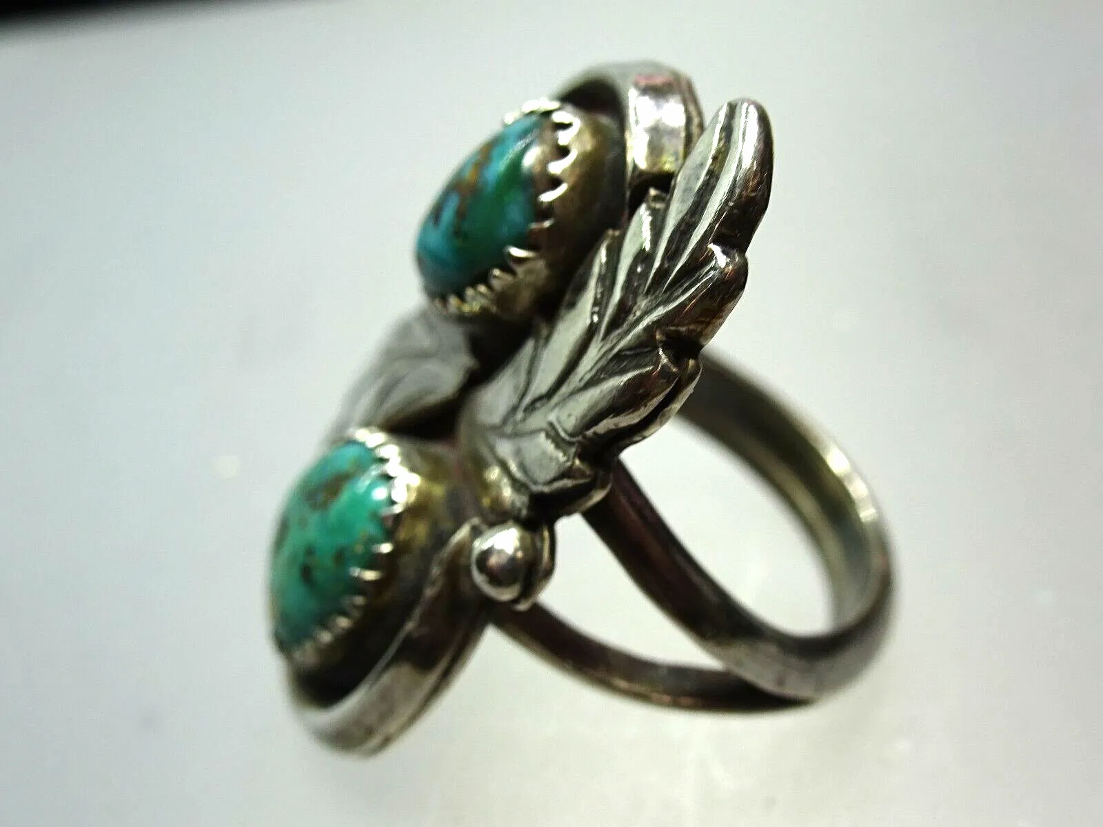 Large Old Pawn Native American Navajo Sterling &amp; Turquoise Ring, Sawtooth Bezel