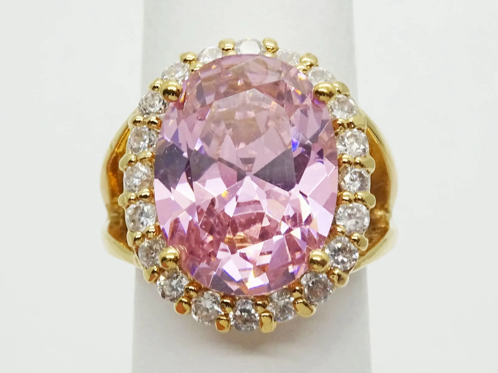 Large Oval Pink Ice &amp; CZ Halo Vermeil Sterling Silver Ring Size 6