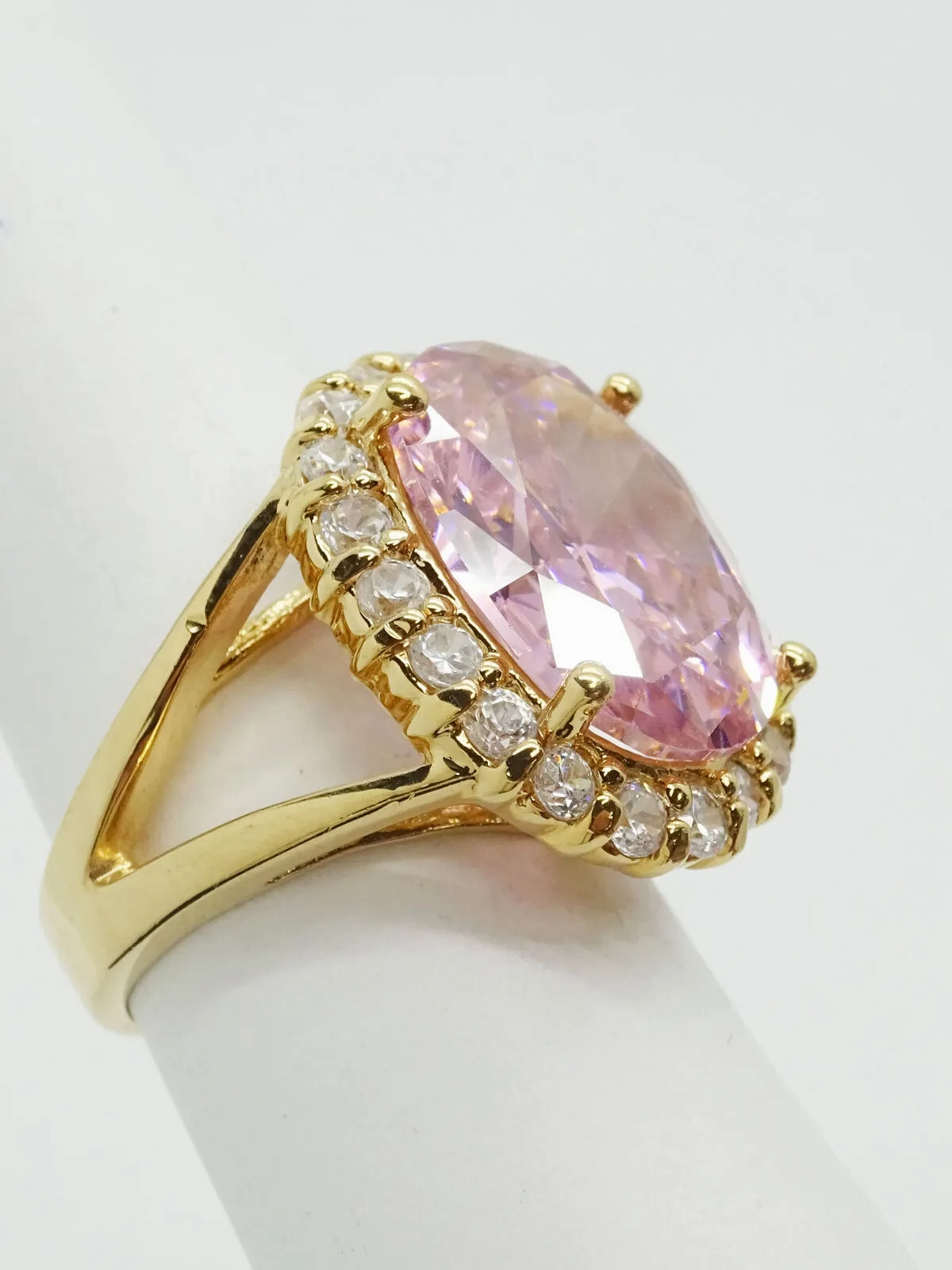 Large Oval Pink Ice &amp; CZ Halo Vermeil Sterling Silver Ring Size 6