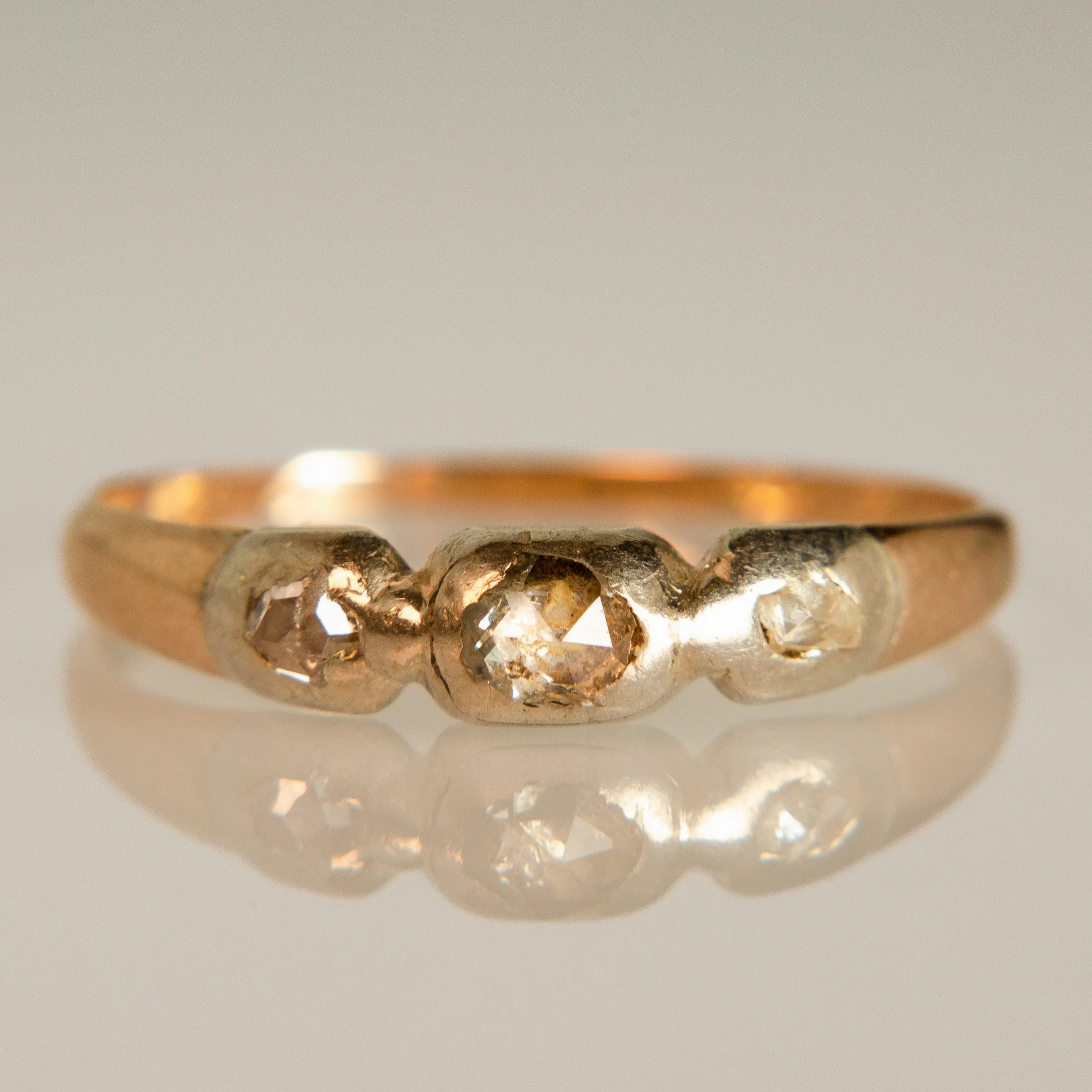 Late Georgian Trilogy Ring - Rose Cut Diamonds in 14k Gold   Sterling Silver c.1822