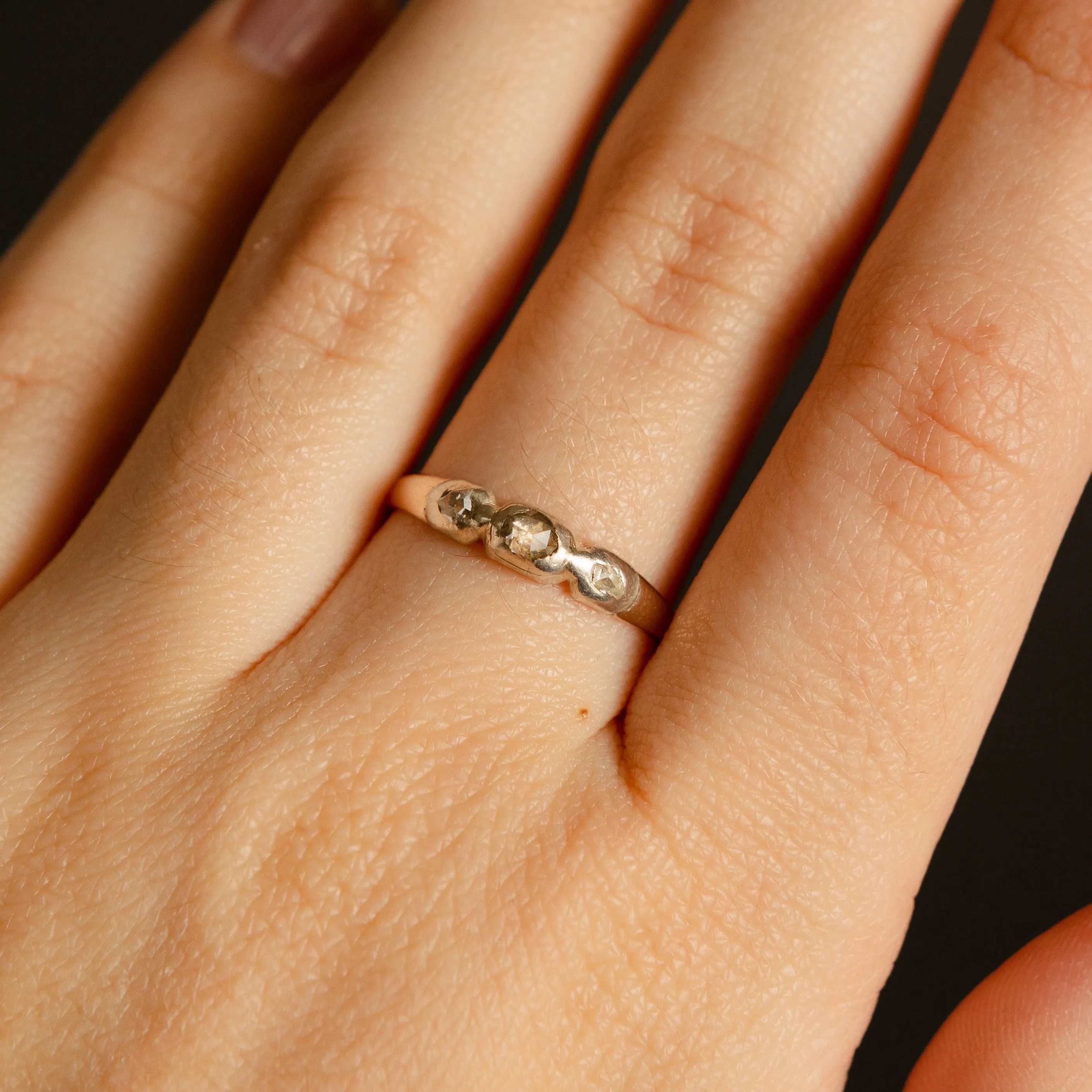 Late Georgian Trilogy Ring - Rose Cut Diamonds in 14k Gold   Sterling Silver c.1822