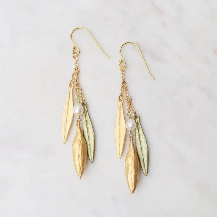 Leaf &amp; Bud 3 Leaf Pearl Drop Earrings