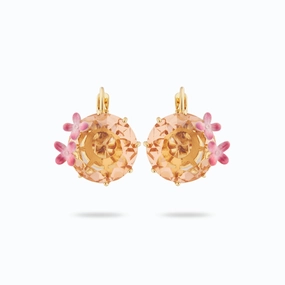 Les Nereides Apricot Peach Diamantine Flower and Round Stone Sleeper Earrings 