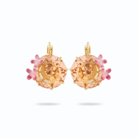 Les Nereides Apricot Peach Diamantine Flower and Round Stone Sleeper Earrings fashion-jewelry  