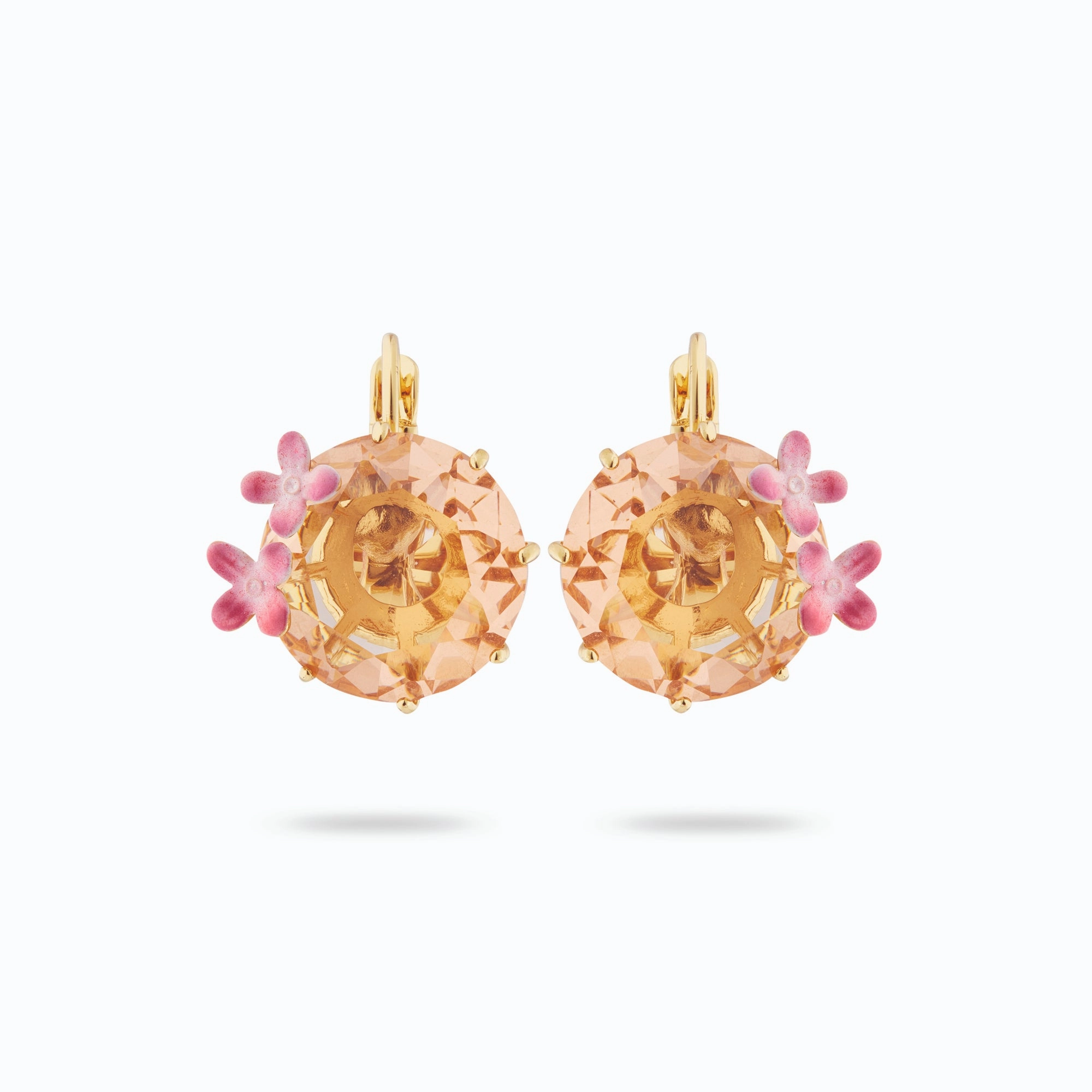 Les Nereides Apricot Peach Diamantine Flower and Round Stone Sleeper Earrings 