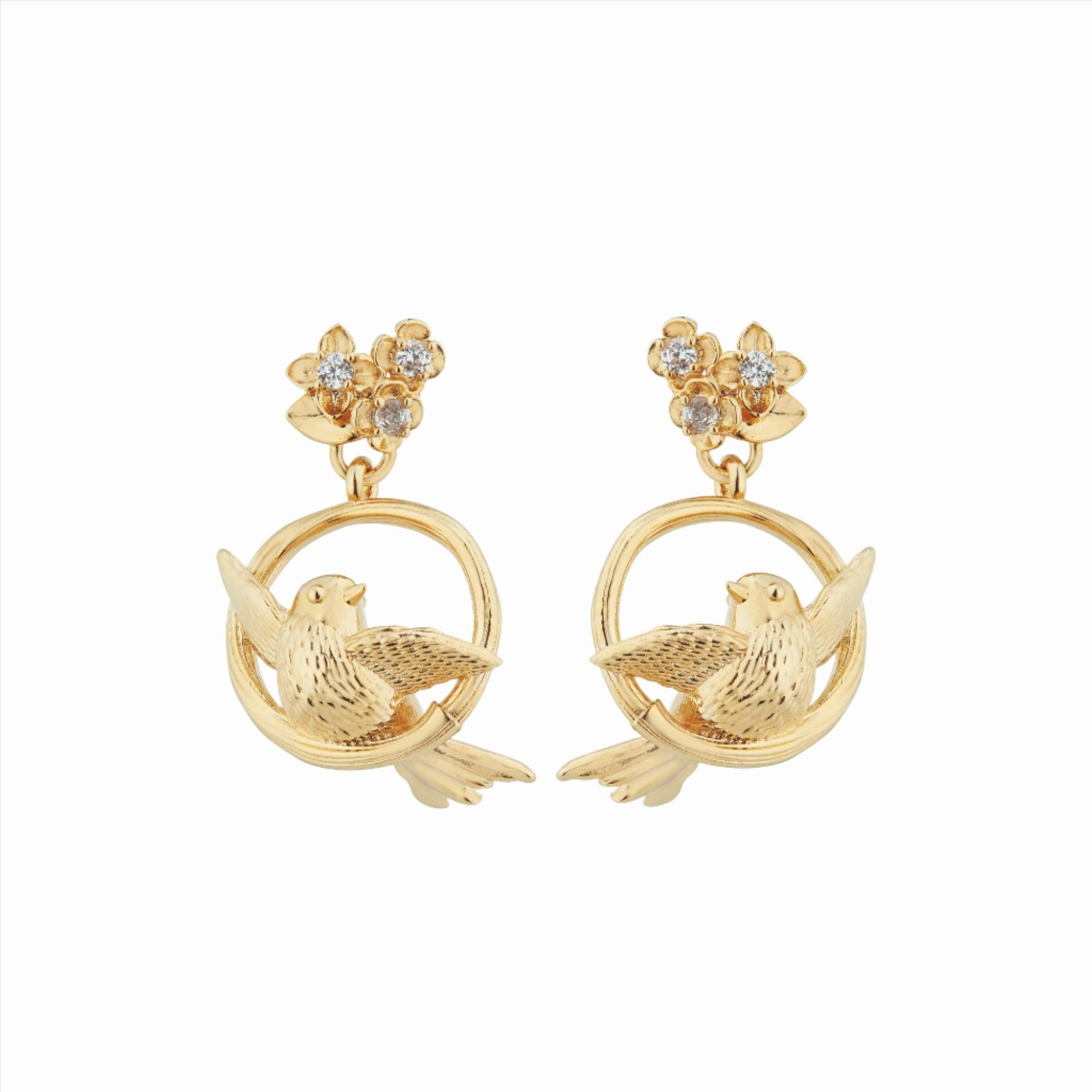 Les Nereides Bird Flower and Crsytal Dangling Post Earrings 