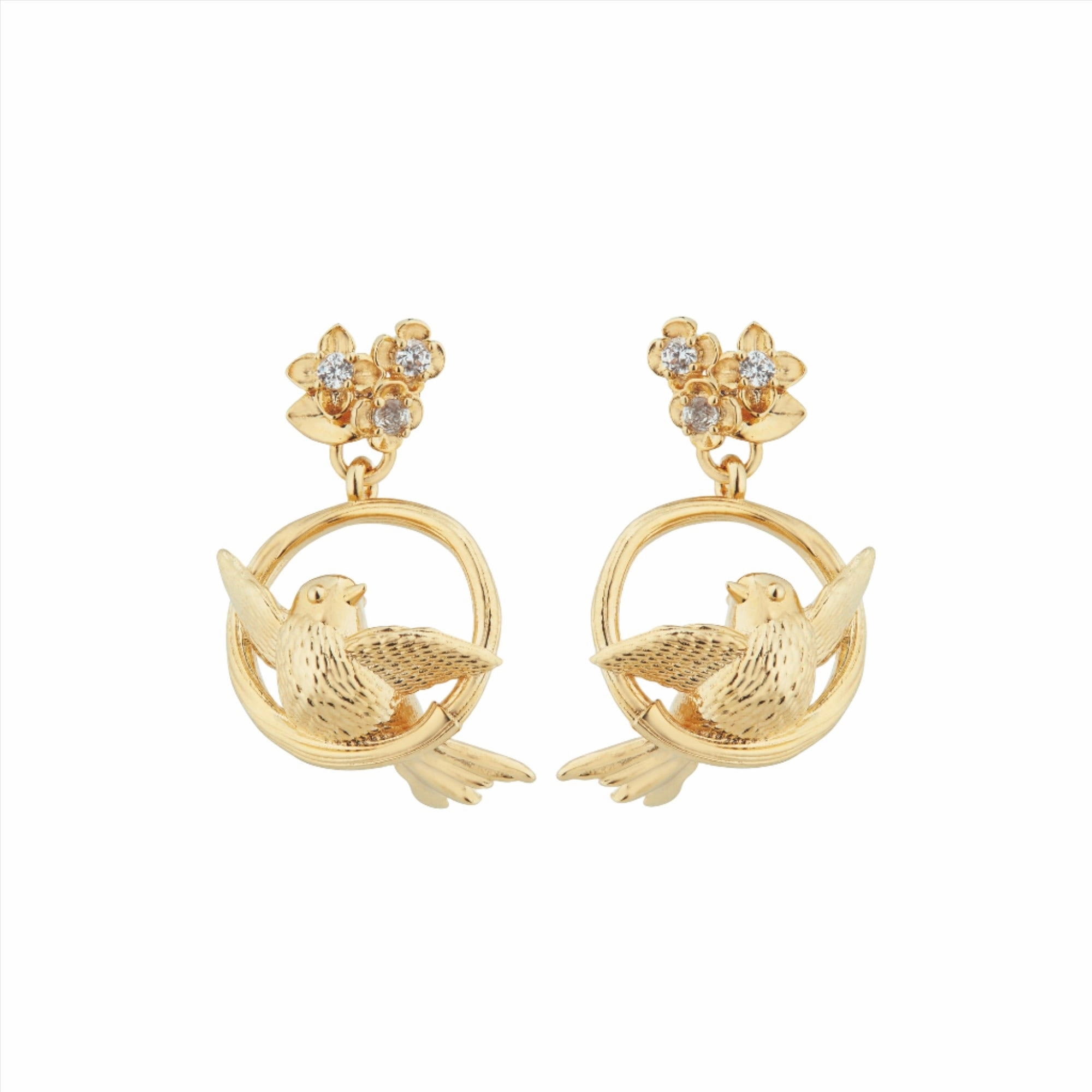 Les Nereides Bird Flower and Crsytal Dangling Post Earrings 