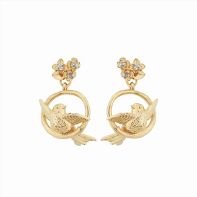 Les Nereides Bird Flower and Crsytal Dangling Post Earrings 