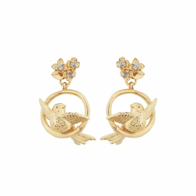 Les Nereides Bird Flower and Crsytal Dangling Post Earrings fashion-jewelry  