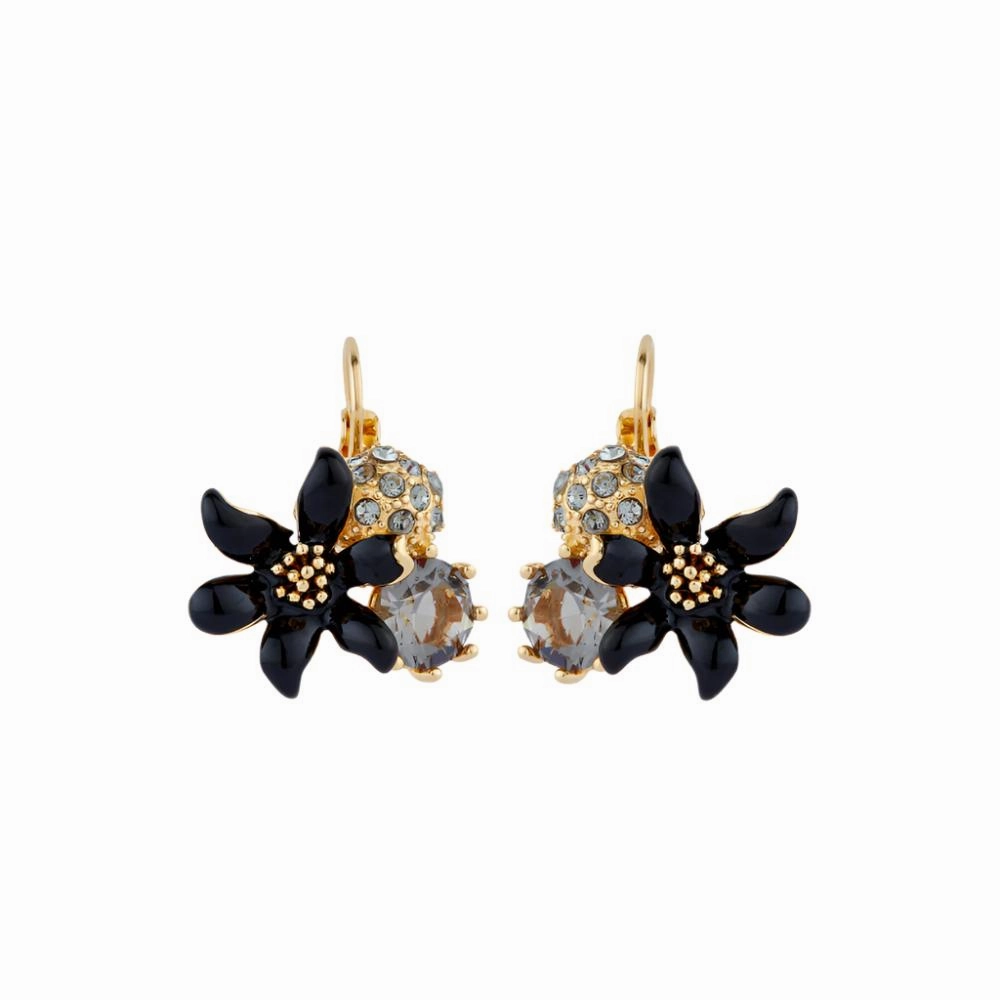 Les Nereides Black Lily and Sphere Paved With Crystal Sleeper Earrings fashion-jewelry  