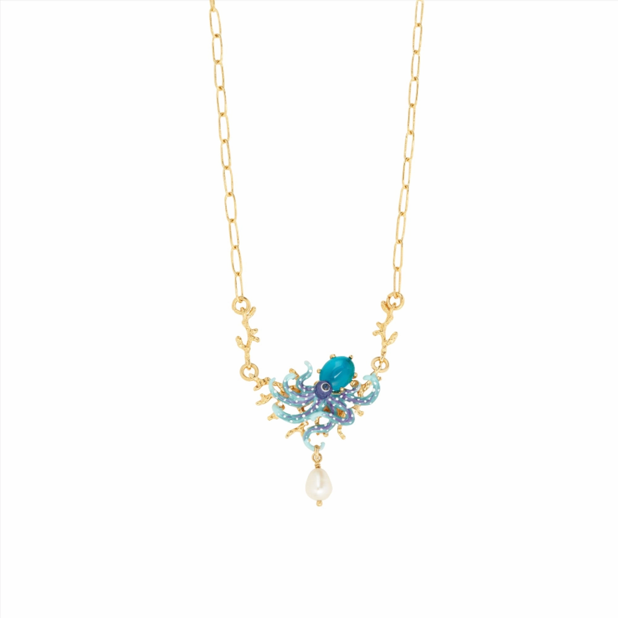 Les Nereides Blue octopus, cut glass blue stone and pearl bead Necklace fashion-jewelry  