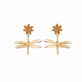 Les Nereides Dragonfly Flower and Crystal Dangling post Earrings fashion-jewelry  