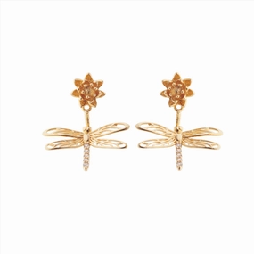 Les Nereides Dragonfly Flower and Crystal Dangling post Earrings 
