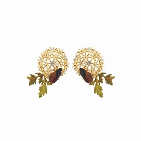 Les Nereides Golden flower bouquet and scarab beetle post Earrings 