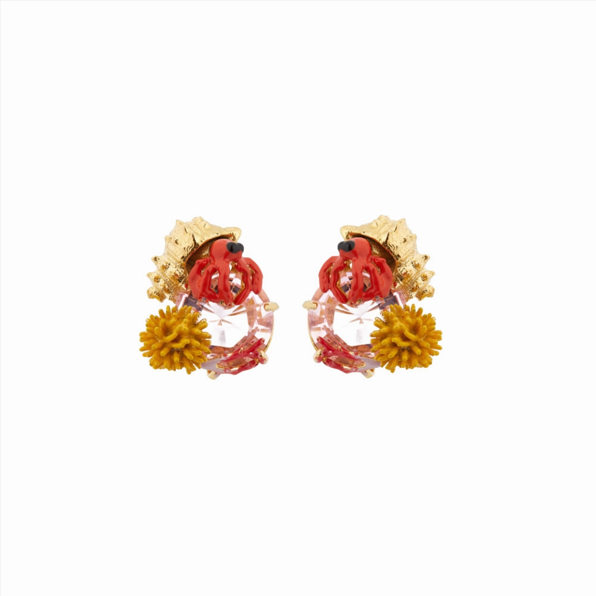 Les Nereides Hermit Crab and Light Pink Cut Glass Stone Post Earrings 