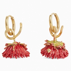 Les Nereides Red Flower On Golden Stud Earrings 