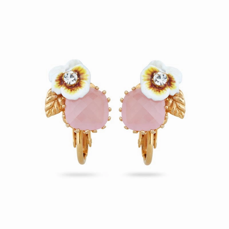 Les Nereides White Pansy and Crystal Clip-On Earrings fashion-jewelry  