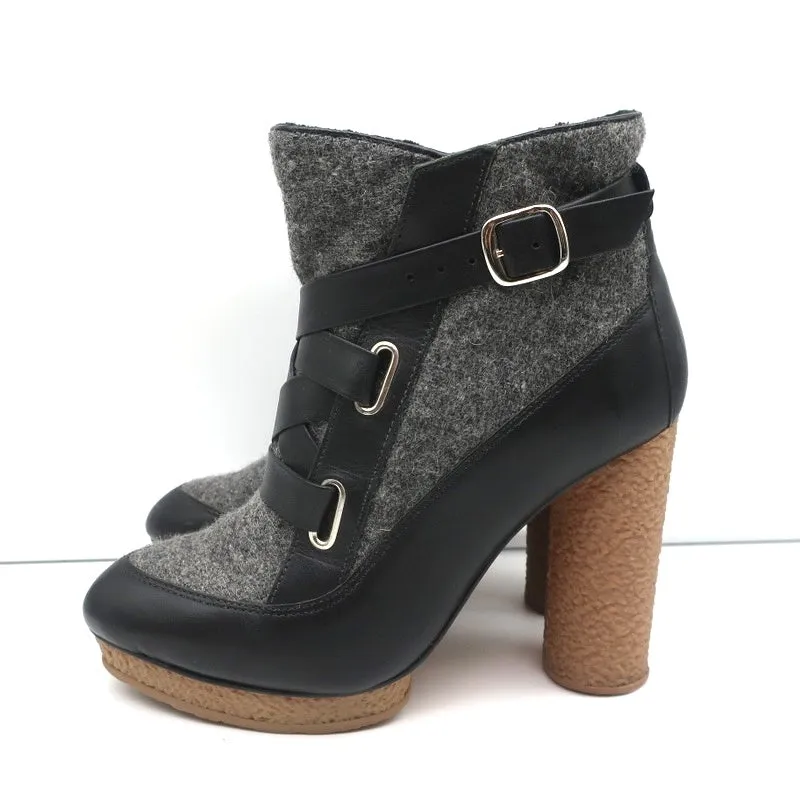 Loeffler Randall Plateaustiefel Serena Schwarz Leder & Grau Flanell Größe 8
