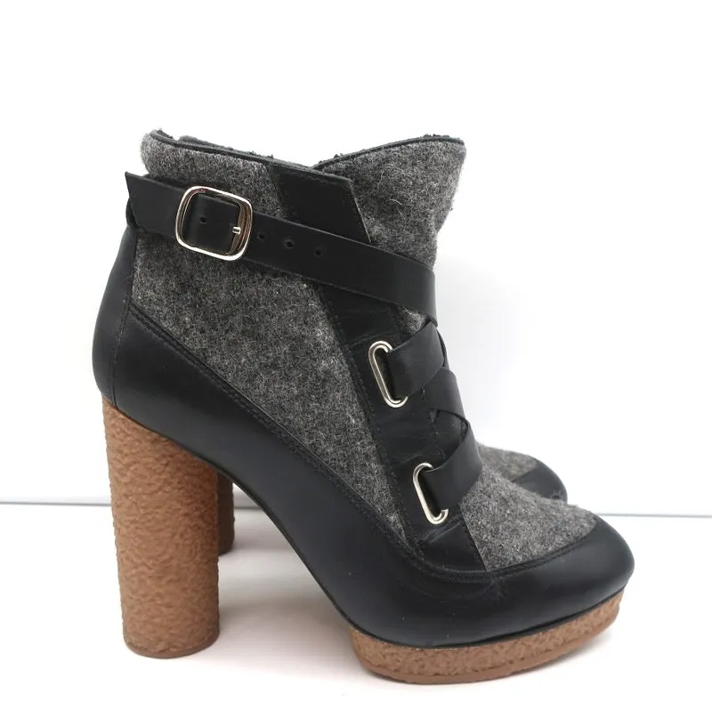 Loeffler Randall Plateaustiefel Serena Schwarz Leder & Grau Flanell Größe 8