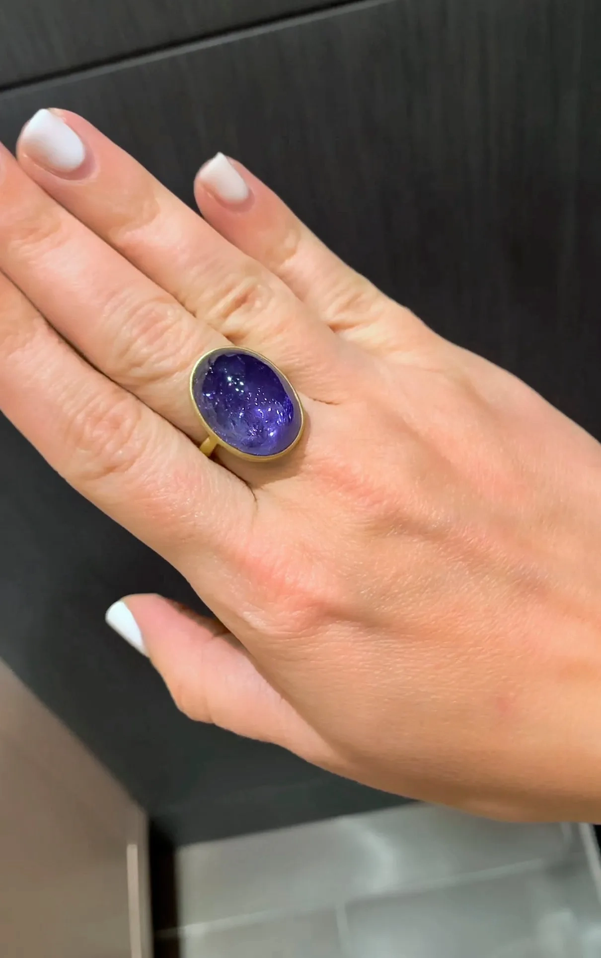 Lola Brooks Oval Purple Blue Tanzanite Cabochon Yellow Gold Dome Ring