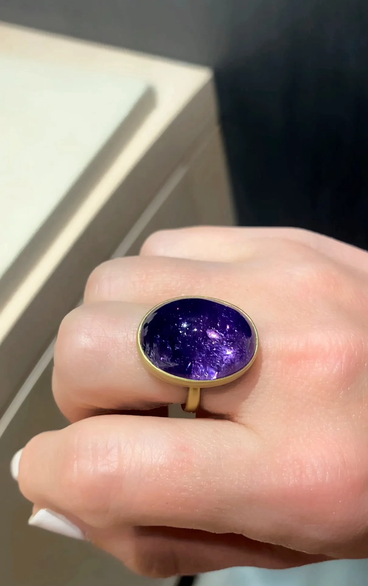 Lola Brooks Oval Purple Blue Tanzanite Cabochon Yellow Gold Dome Ring
