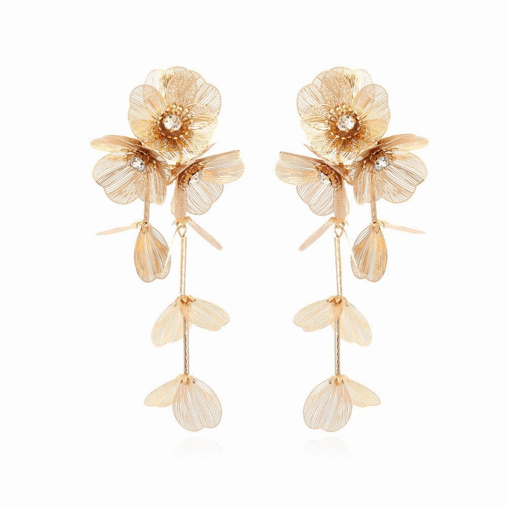 Long Metal Flower Tassel Earrings Necklace Set