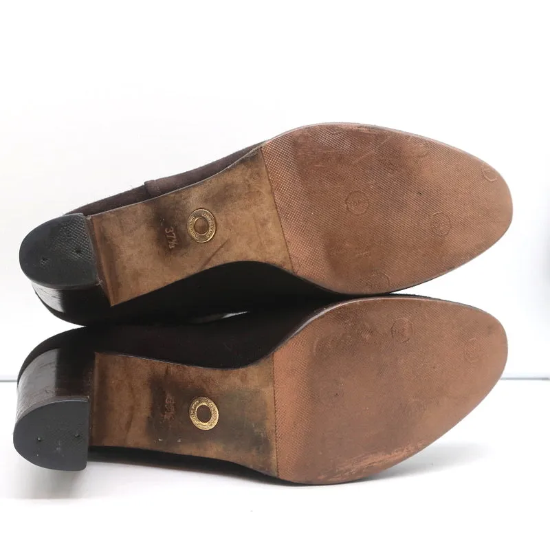 Loro Piana Stiefeletten mit mittlerer Absatzhöhe in Dunkelbraun mit Lederbesatz, Größe 37.5
