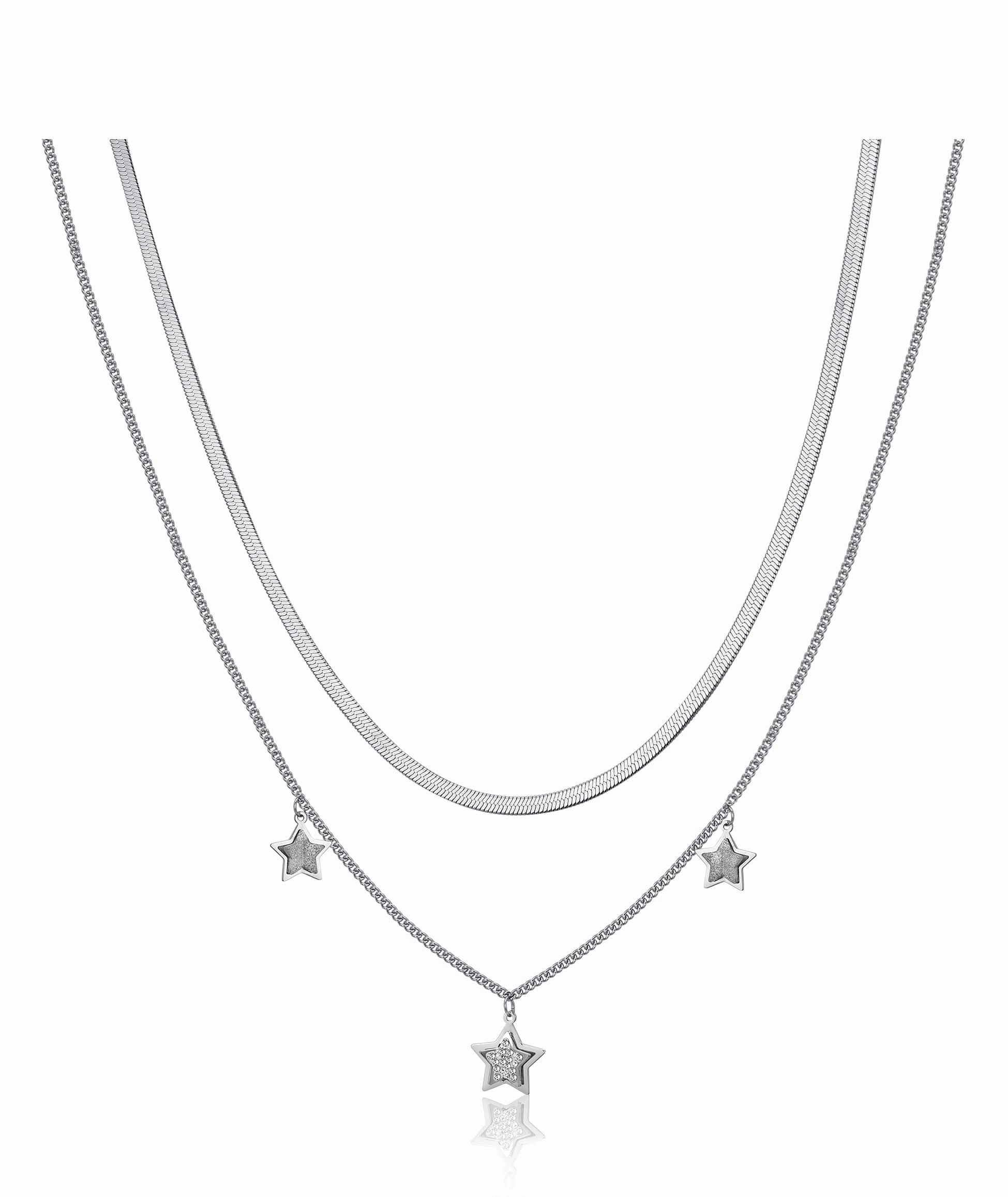 Luca Barra Ladies Necklace in Steel Stars With White Crystals fashion-jewelry  