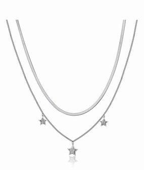 Luca Barra Ladies Necklace in Steel Stars With White Crystals fashion-jewelry  