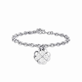 Luca Barra Ladies Steel Bracelet with Spinning Four-Leaf Clover and White Crystals fashion-jewelry  