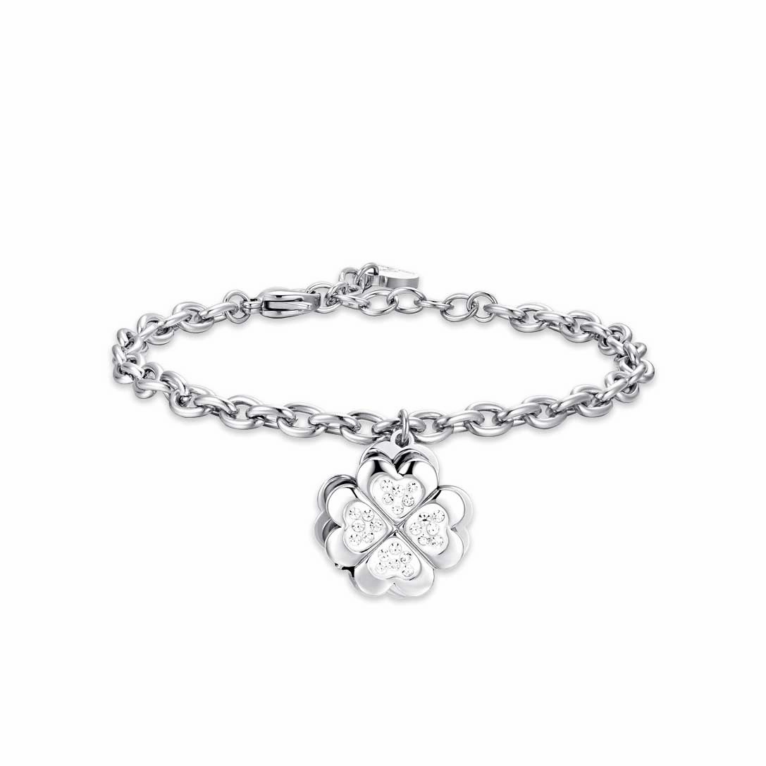 Luca Barra Ladies Steel Bracelet with Spinning Four-Leaf Clover and White Crystals fashion-jewelry  