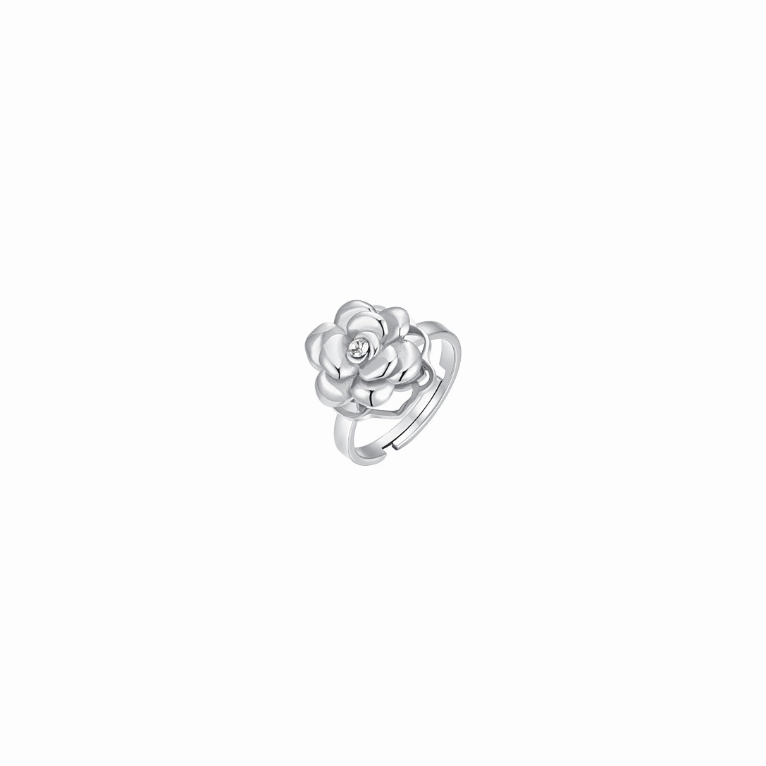 Luca Barra Ladies Steel Ring with Spinning Rose and White Crystal Adjustable Size fashion-jewelry  